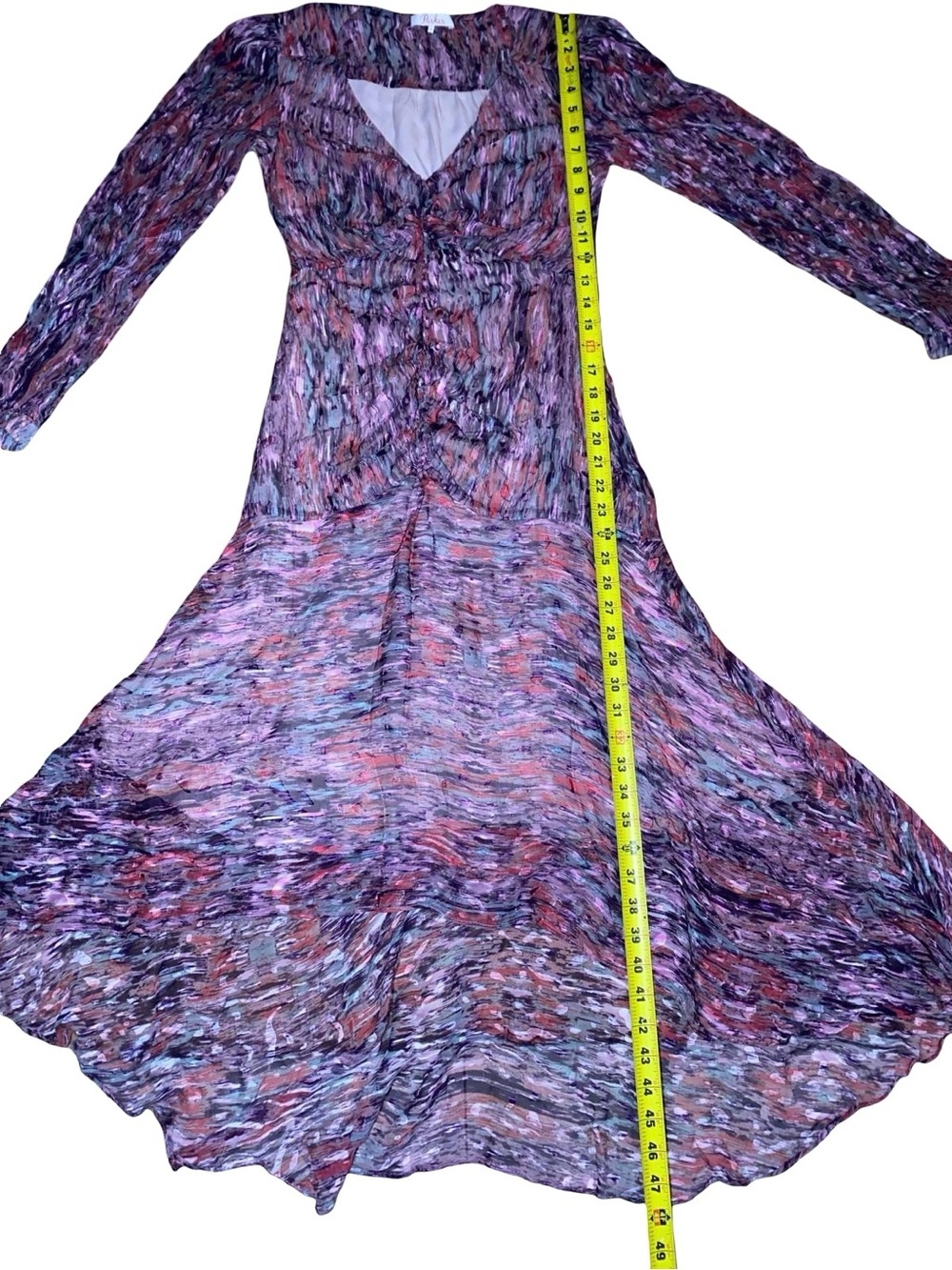 Parker 100% silk abstract Print  Ruched Midi Dress Long Sleeve High-Low Hem - Picture 8 of 13